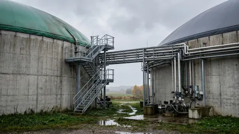 Ujęcie z dołu między dwoma fermentorami z szarą i zieloną kopułą, stalowe schody i estakada rur, mokra trawa po deszczu.