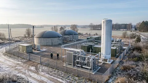 Mała instalacja skraplania bioLNG przy biogazowni: kolumna zimna, pionowy zbiornik kriogeniczny i izolowane rurociągi w mroźny poranek.