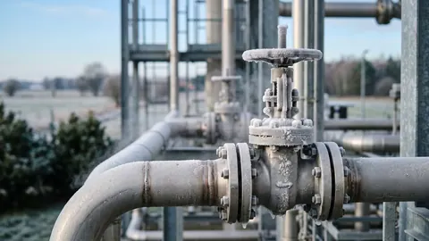 Oszroniony kriogeniczny zawór i rura ze stali nierdzewnej instalacji LNG, kryształki szronu i delikatna para w niebieskim świetle.