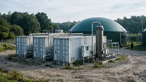 Zewnętrzne kontenery instalacji uszlachetniania biogazu z rurociągami ze stali nierdzewnej, filtrem węglowym i kopułą fermentora w tle.