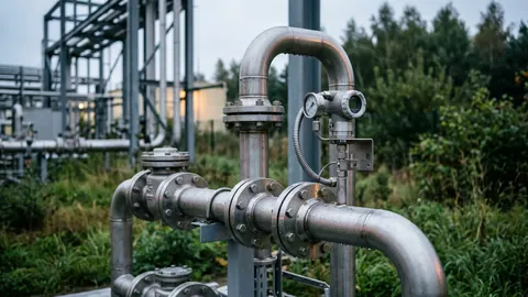 Detal rurociągów ze stali nierdzewnej, zaworów kołnierzowych i przetwornika ciśnienia na skidzie uszlachetniania biometanu.