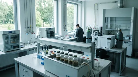 Nowoczesne laboratorium biotechnologii środowiskowej: inkubatory, butelki BMP w łaźni wodnej, chromatograf gazowy i okna z widokiem na drzewa.