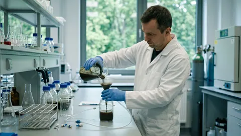 Laborant w fartuchu i rękawicach wlewa przez lejek inokulum do szklanej butelki BMP na stole laboratoryjnym przy oknie.