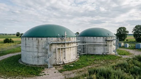Zbiorniki fermentacyjne biogazowni z zielonymi dachami dwumembranowymi, schodami serwisowymi i stalowymi rurociągami biogazu w letnie popołudnie.