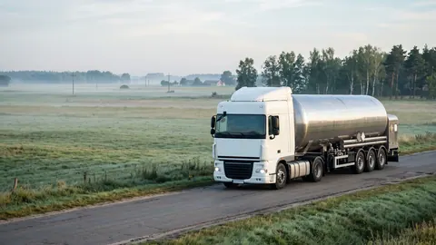 Ciągnik z polerowaną naczepą kriogeniczną LNG na wiejskiej drodze o poranku, wśród pól i szpaleru drzew, w miękkim bocznym świetle.