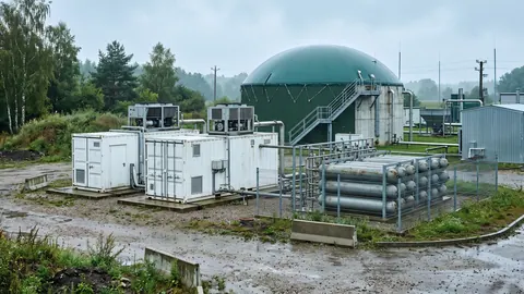 Kontenery elektrolizerów i magazyn wodoru w poziomych butlach obok biogazowni z zieloną kopułą, w miękkim świetle pochmurnego dnia.