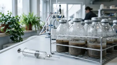 Detal laboratorium BMP: szklane butelki z kapslami i gumowymi korkami w statywie inkubatora oraz szczelna strzykawka do gazu na blacie.