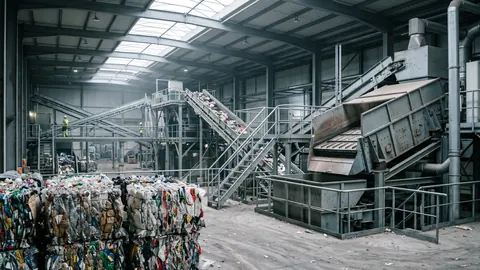 Wnętrze sortowni odpadów komunalnych: przenośniki taśmowe, separator balistyczny i bele posortowanych tworzyw w świetle ze świetlików.