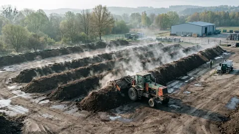 Kompostownia pryzmowa: długie parujące pryzmy kompostu i przerzucarka w chłodny poranek.
