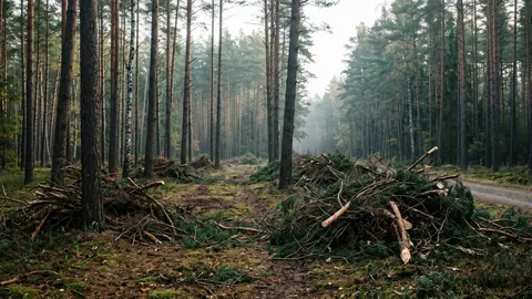 Stosy pozostałości zrębowych — gałęzi i wierzchołków — na skraju sosnowego lasu po trzebieży, w porannym świetle.