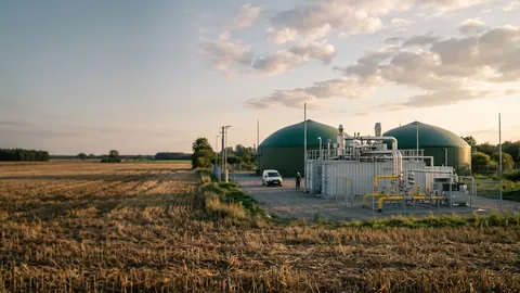 Instalacja biometanu o złotej godzinie: kontenery uszlachetniania membranowego, żółte rurociągi stacji wtłaczania do sieci i zielone kopuły fermentorów.