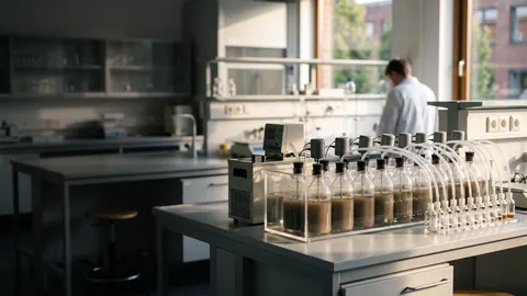 Laboratorium BMP: rząd szklanych butelek-reaktorów w łaźni wodnej, połączonych wężykami z miernikiem objętości gazu, w ciepłym świetle popołudnia.