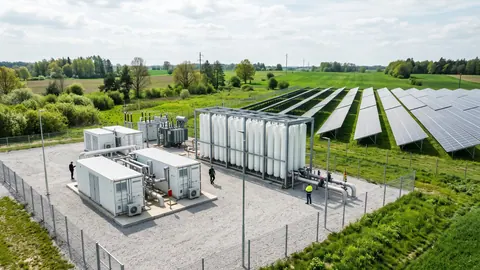 Instalacja zielonego wodoru obok farmy fotowoltaicznej: kontenery elektrolizerów i pionowe zbiorniki wodoru na stalowej ramie.