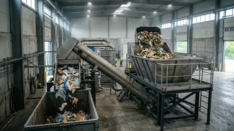 Maszyna do odpakowywania żywności w biogazowni: kosz zasypowy z przeterminowanymi produktami w opakowaniach i oddzielone tworzywa.