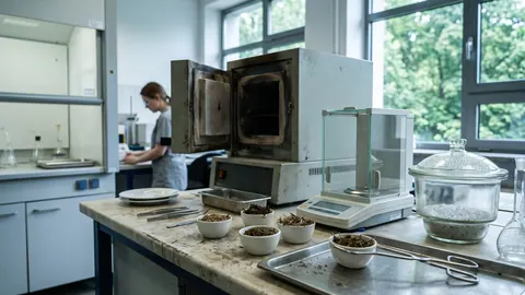 Analiza próbek biomasy: porcelanowe tygle z wysuszonymi próbkami przed piecem muflowym, waga analityczna i eksykator.