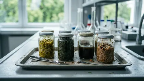 Słoiki z próbkami substratów – kiszonką, trawą, gnojowicą i odpadami spożywczymi – na stalowej tacy w laboratorium.