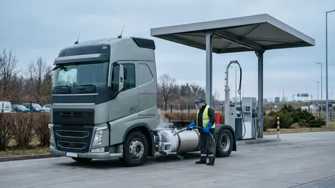 Tankowanie ciężarówki LNG na stacji: pracownik w osłonie twarzy i rękawicach kriogenicznych podłącza pistolet do zbiornika pojazdu.