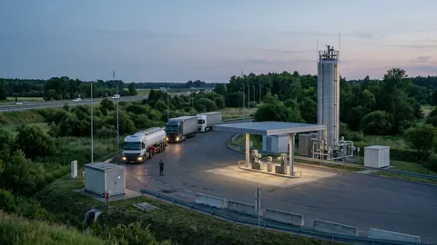 Stacja LNG dla ciężarówek przy autostradzie o zmierzchu: zadaszenie z dystrybutorami, pionowy zbiornik i ciężarówki w kolejce.