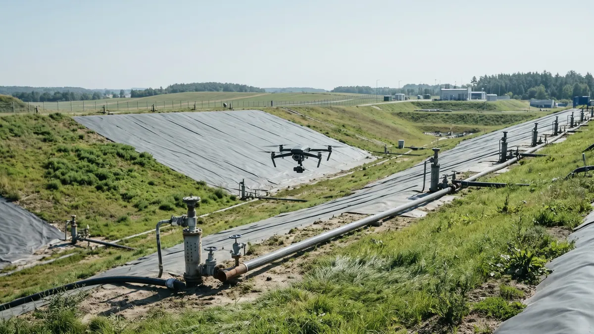 Dron z kamerą w gimbalu nisko nad kwaterą składowiska odpadów z systemem odgazowania: studnie, rury zbiorcze i geomembrana.