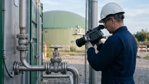 Operator w ŚOI patrzy przez ręczną kamerę OGI na zawór i kołnierz rurociągu przy kontenerze uszlachetniania biometanu.