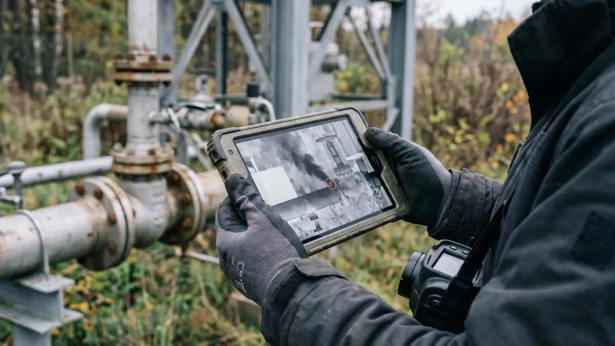 Technik w rękawicach dokumentuje wyciek na tablecie: na ekranie obraz OGI z zaznaczonym punktem nieszczelności.