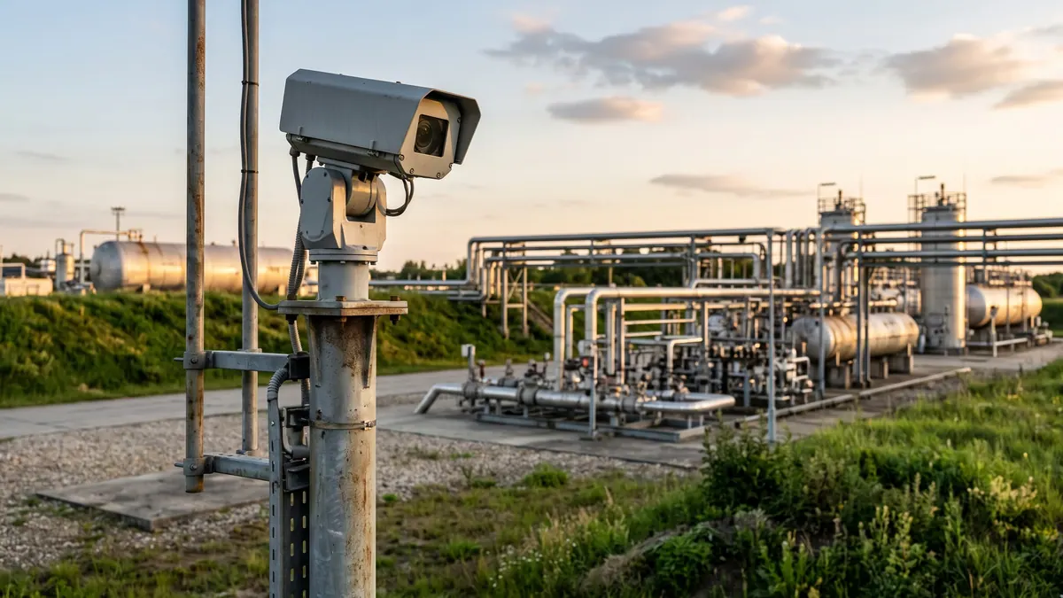 Stacjonarna kamera OGI w obudowie na maszcie z głowicą obrotową, obserwująca instalację do monitoringu ciągłego.