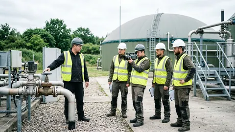 Szkolenie operatorów OGI w terenie: instruktor wskazuje armaturę, kursanci w ŚOI, jeden obserwuje przez kamerę ręczną.