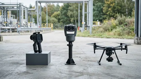 Trzy typy sprzętu OGI obok siebie: kamera ręczna, stacjonarna kamera monitoringu ciągłego i dron z kamerą w gimbalu.
