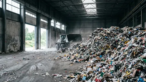 Pryzma rozdrobnionego paliwa RDF z odpadów w krytej hali magazynowej, fragmenty tworzyw i papieru, ładowarka.