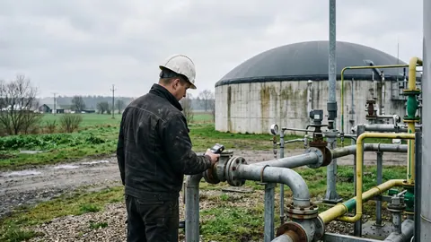 Inżynier w kasku i odzieży trudnopalnej z przenośnym detektorem gazów przy rurociągach biogazu fermentora.