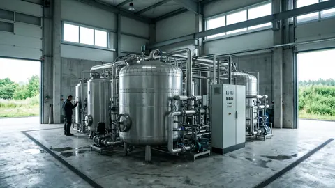 Instalacja higienizacji w hali biogazowni: duże zbiorniki ze stali nierdzewnej, rurociągi, pompy i szafa sterownicza.