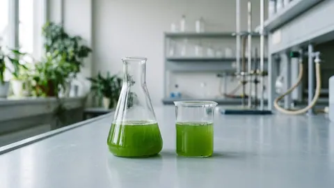 Kolba stożkowa i zlewka z intensywnie zieloną, płynną hodowlą mikroglonu Chlamydomonas reinhardtii na blacie laboratorium.