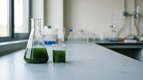 Kolba stożkowa i zlewka z ciemnozieloną, nieprzezroczystą zawiesiną mikroglonu Chlorella kessleri w laboratorium.