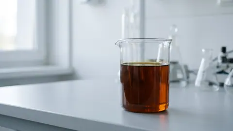 Zlewka z gęstą, ciemnobursztynową gliceryną surową z produkcji biodiesla o lśniącej, lekko przejrzystej powierzchni.