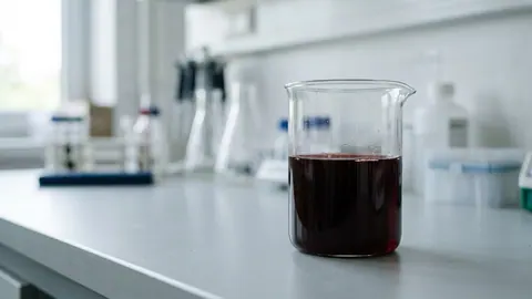 Zlewka laboratoryjna z ciemnoczerwoną krwią z uboju, przygotowaną do analizy na jasnym blacie laboratorium.