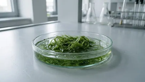 Szalka Petriego z kłębkiem cienkich, zielonych nitek glonu Microspora unoszących się w niewielkiej ilości wody.