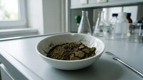 Porcelanowa parownica z suchym, oliwkowobrązowym proszkiem biomasy mikroglonu Nannochloropsis po ekstrakcji lipidów.