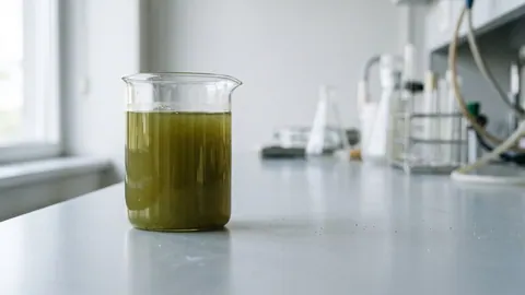 Zlewka laboratoryjna z gęstą, oliwkowozieloną zawiesiną morskiego mikroglonu Nannochloropsis salina na jasnym blacie.