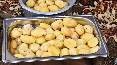 Obrane ziemniaki w stalowych pojemnikach kuchennych, a wokół nich na ziemi rozrzucone świeże obierki ziemniaczane.
