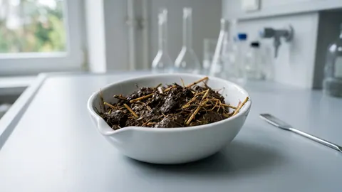 Porcelanowa parownica z próbką stałego obornika świńskiego – wilgotną, ciemnobrązową masą z domieszką słomy.