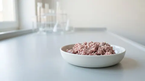 Porcelanowa parownica z próbką zmielonych odpadów poubojowych – różowoszarą masą tkanek i tłuszczu – w laboratorium.