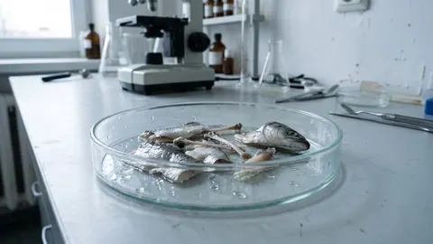 Szalka Petriego z odpadami z przetwórstwa ryb: kawałkami skóry, ośćmi i niewielką głową ryby na blacie laboratorium.