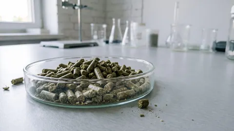 Szalka Petriego z zielonobrązowymi, walcowatymi granulkami paszy dla królików i gryzoni na jasnym blacie laboratorium.