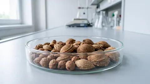 Szalka Petriego z oczyszczonymi pestkami owoców pestkowych: śliwek, wiśni i moreli, na jasnym blacie laboratorium.