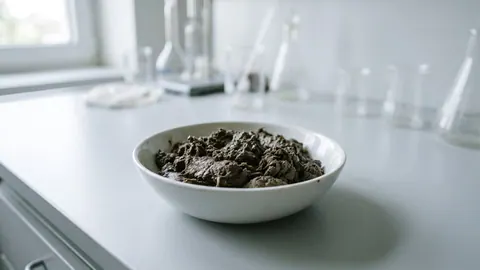 Porcelanowa parownica z wilgotnym, ciemnoszarobrązowym plackiem filtracyjnym z cukrowni trzcinowej o kruchej konsystencji.