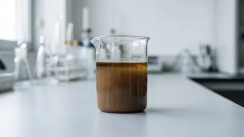 Zlewka z brązowym, mętnym ściekiem z olejarni palmowej (POME) z cienką, oleistą warstwą na powierzchni.