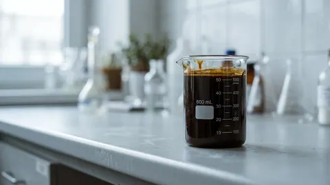 Zlewka z gęstą, lśniącą, ciemnobrązową pozostałością po oczyszczaniu gliceryny (frakcja MONG) na jasnym blacie.
