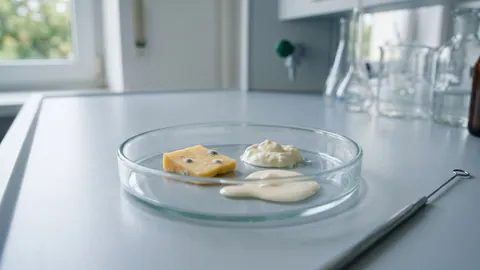 Szalka Petriego z próbkami przeterminowanych produktów mlecznych: kawałkiem sera z pleśnią, śmietaną i roztopionymi lodami.