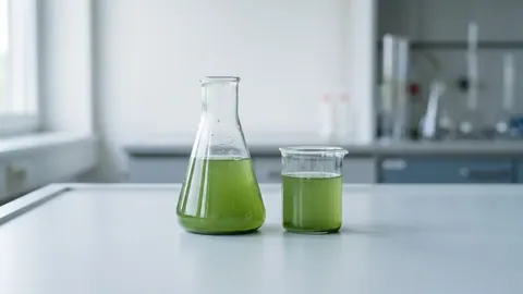Kolba i zlewka z zieloną hodowlą mikroglonu Scenedesmus obliquus, z cienką warstwą osadu komórek na dnie naczynia.