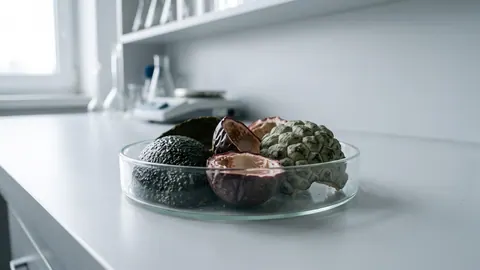 Szalka Petriego ze skórkami owoców tropikalnych: ciemną skórką awokado, skorupkami marakui i fragmentem skórki annony.